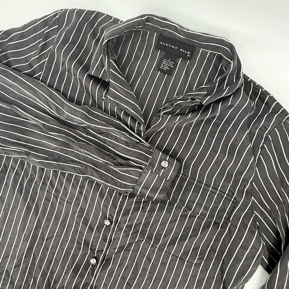 August Silk Long Sleeve Blouse  Gray Stripe Classy Woman's Large Pinstripe